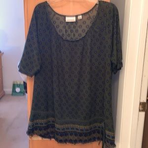 Hunter green print blouse with bronze embellishments
